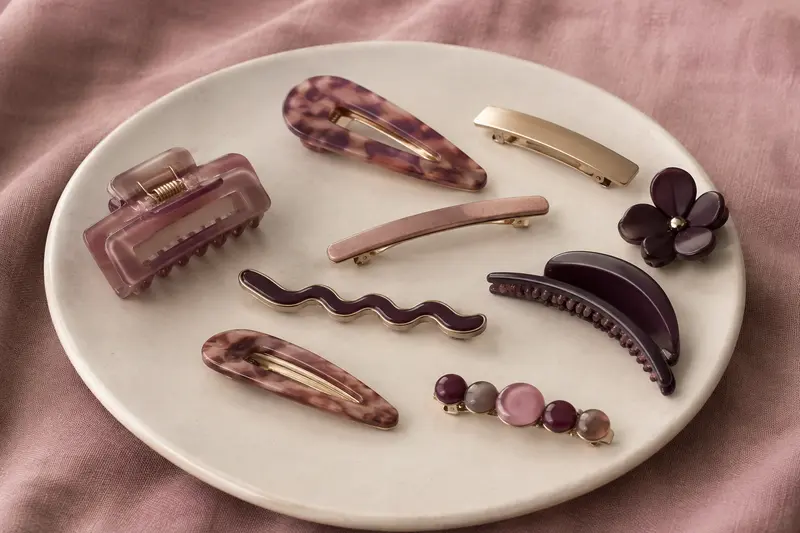 Barrettes de formes variées alignées sur une surface ivoire