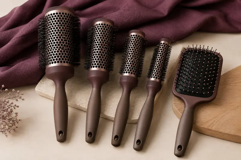 Brosses rondes et plate pour brushing disposées sur un fond ivoire