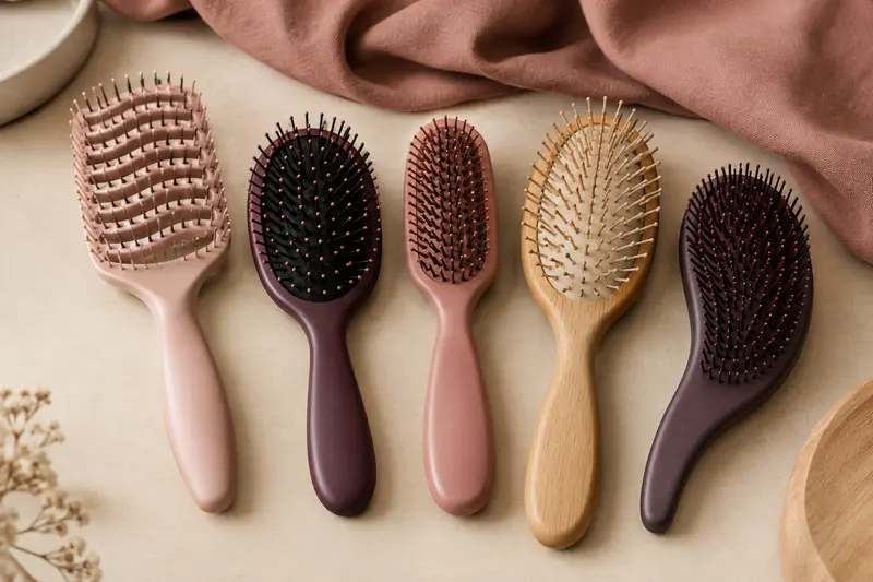 Brosses démêlantes aux formes variées posées sur une surface crème