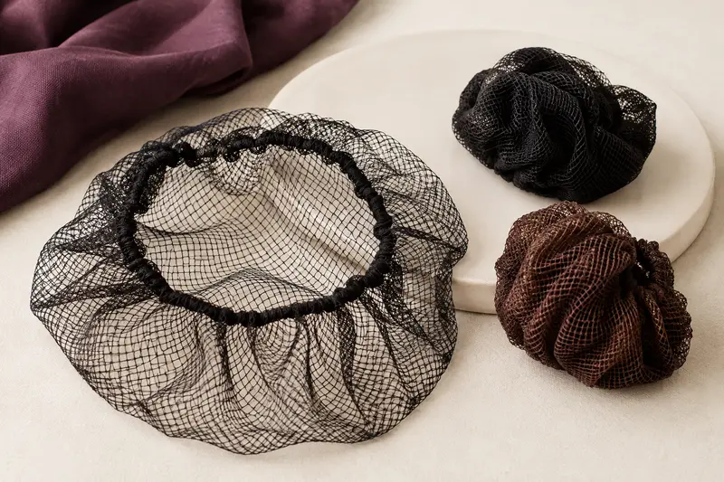 Filets à chignon déployés et repliés sur un fond ivoire