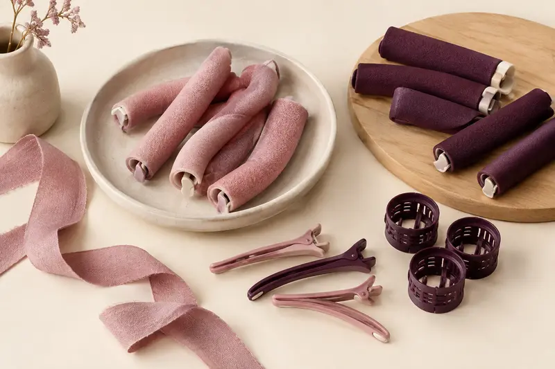 Bigoudis souples sans chaleur et accessoires de fixation sur fond ivoire