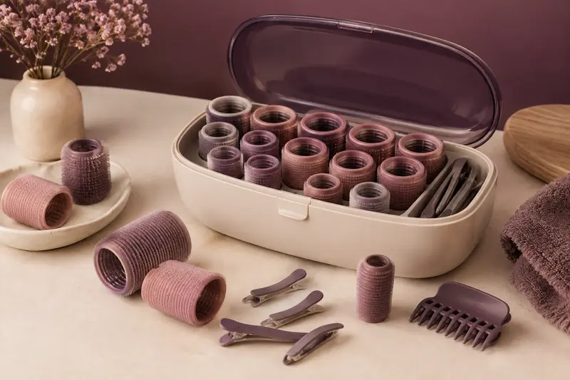 Rouleaux chauffants et accessoires rangés dans leur coffret ouvert