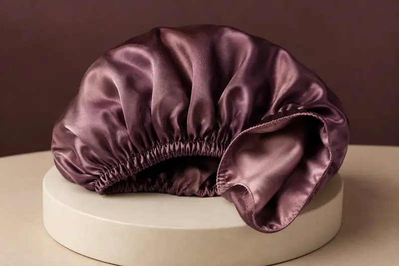 Bonnet en satin pour cheveux présenté plié sur une surface claire