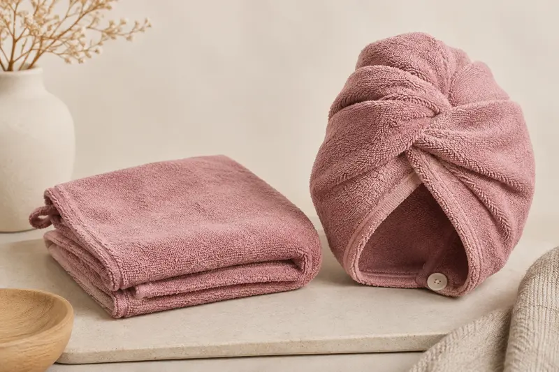 Serviette en microfibre pliée et turban pour cheveux sur fond ivoire