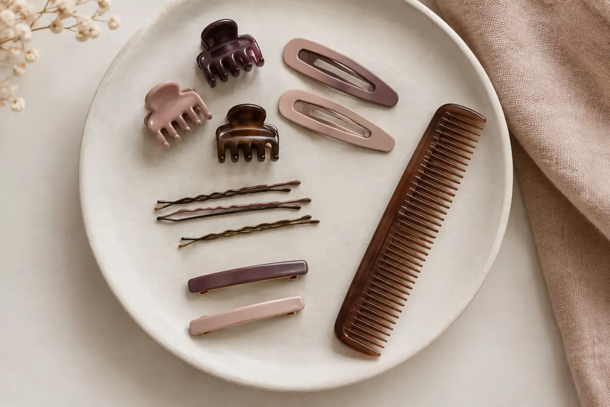 Mini-pinces, petites barrettes et épingles à cheveux disposées sur une surface claire