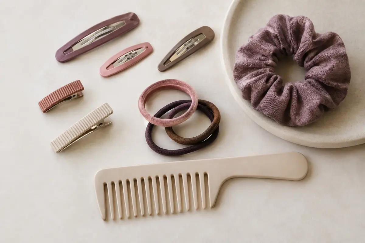 Barrettes, élastiques souples, chouchou et peigne présentés pour comparer des attaches de coiffure pour enfant.