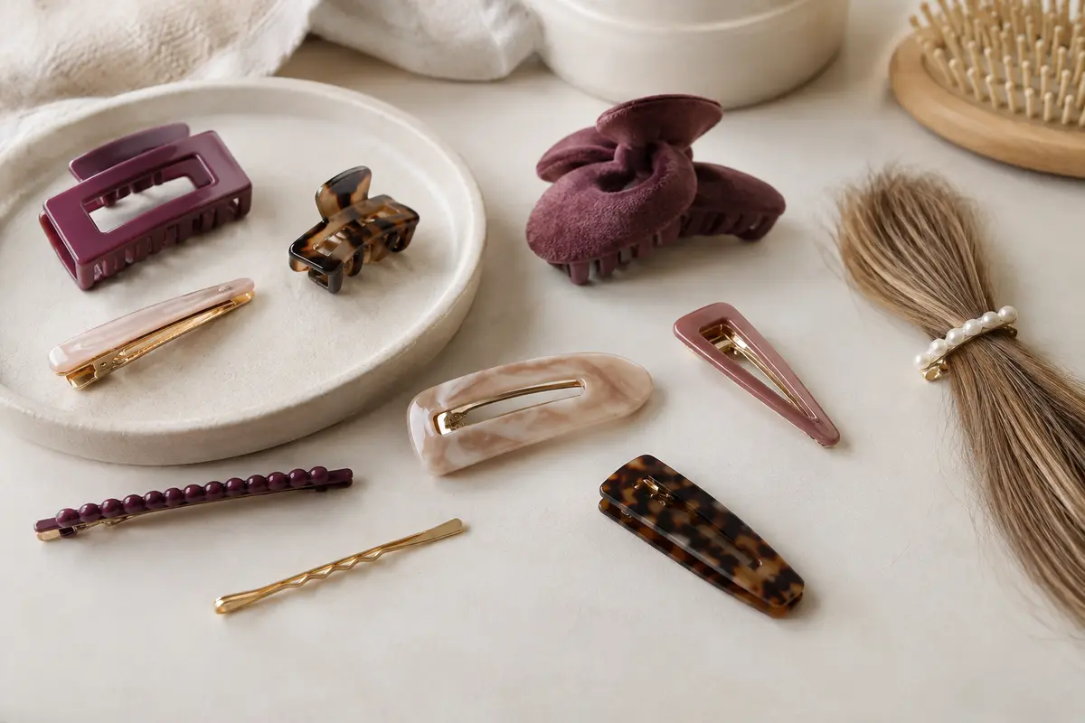 Barrettes de plusieurs tailles comparées à une petite section de cheveux fins retenue
