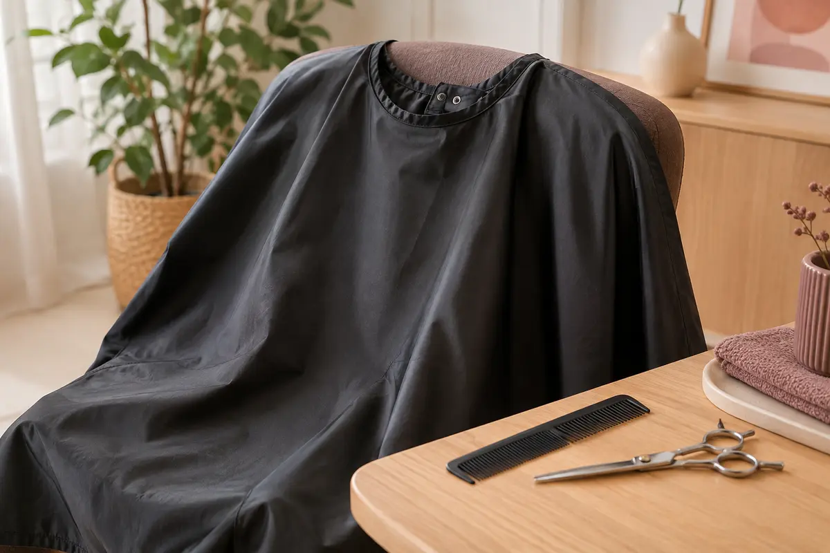 Cape de coiffure noire posée sur une chaise, avec fermeture et peigne de coupe visibles