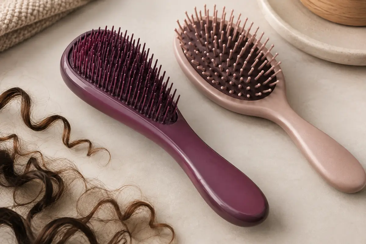 Deux brosses démêlantes aux picots souples posées près de mèches de textures différentes