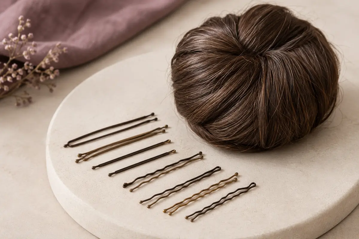 Épingles droites et ondulées présentées près d’un chignon brun pour comparer leurs formes