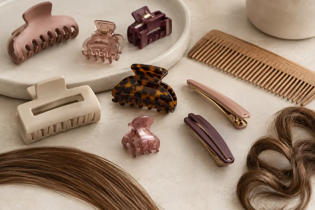 Différentes pinces à cheveux disposées près de mèches de volumes et de textures variés