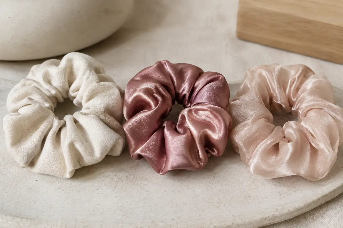 Trois chouchous en coton, satin et soie posés côte à côte pour comparer leurs textures et leur volume.