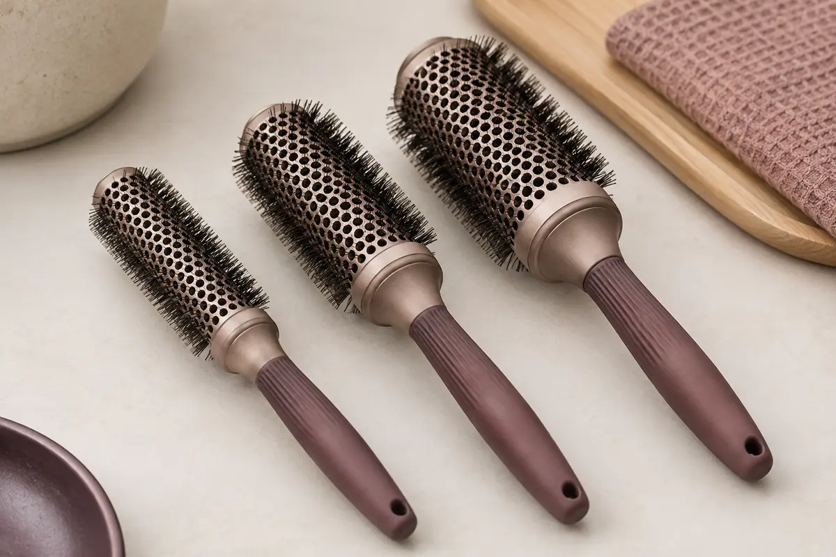 Trois brosses rondes de brushing de diamètres différents alignées sur une surface claire