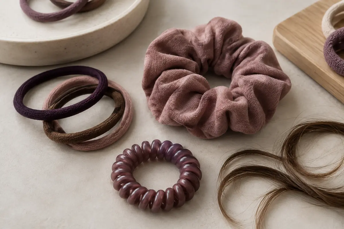 Élastiques textiles, modèle en spirale et chouchou présentés pour comparer leurs formes et leurs finitions