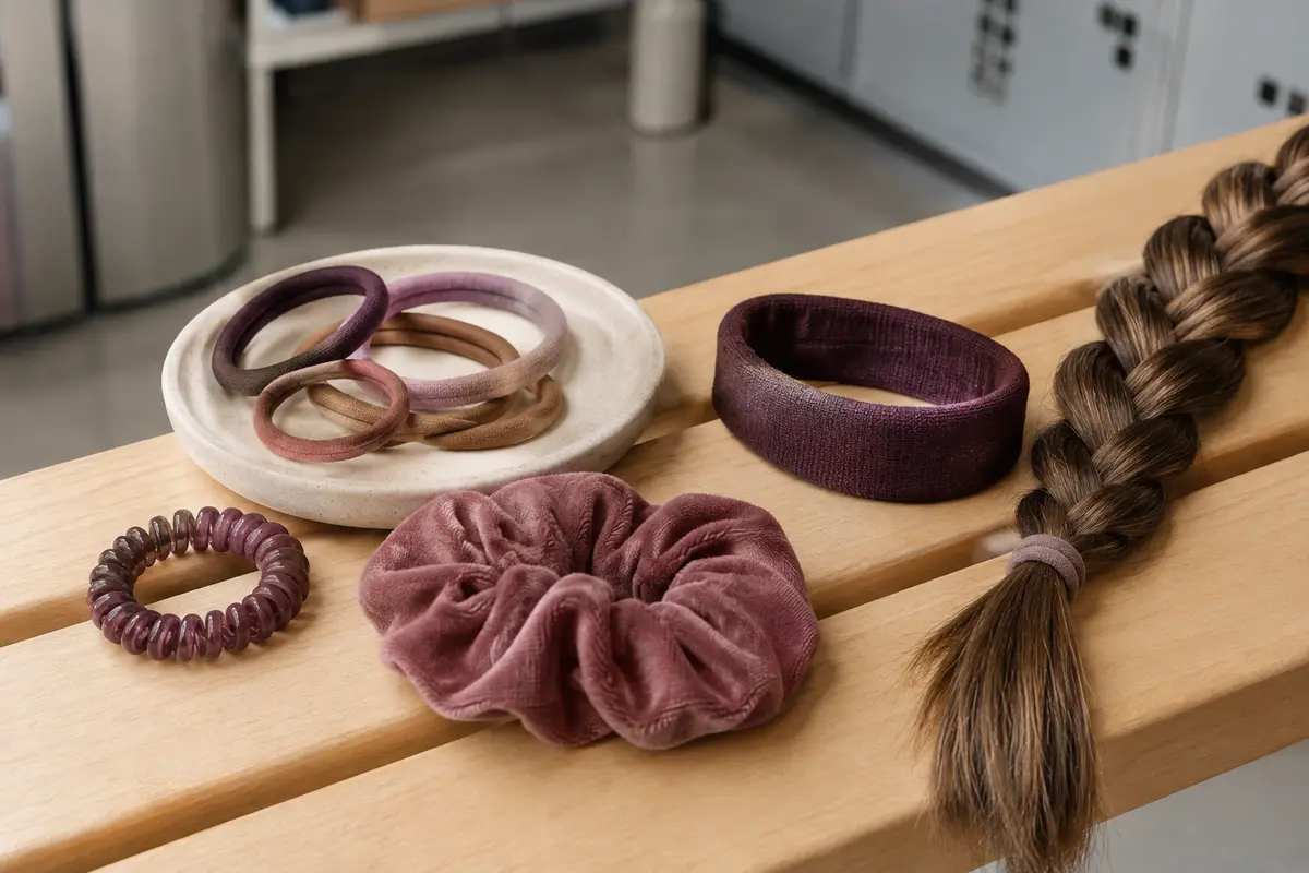 Élastiques de formes différentes près d’une tresse attachée, pour comparer les options de coiffure sportive