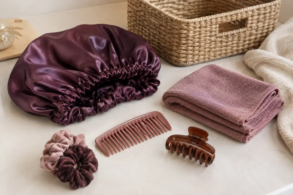 Bonnet en satin, serviette en microfibre et accessoires en plastique disposés séparément pour leur entretien.