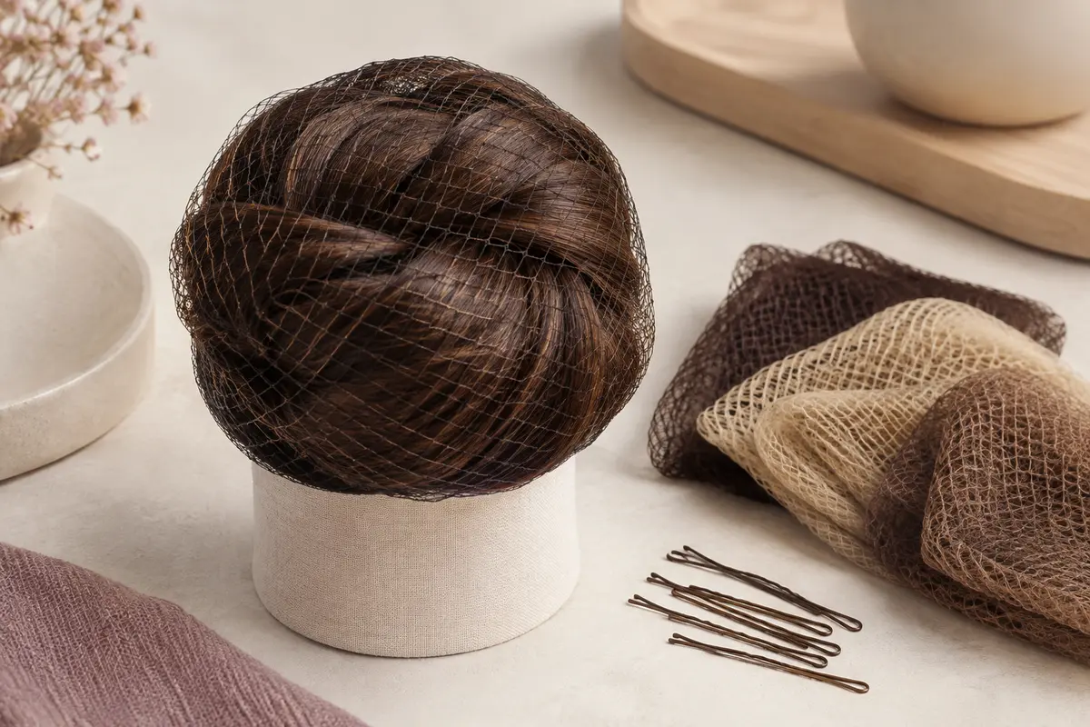 Chignon brun recouvert d’un filet fin, accompagné de filets de teintes différentes et d’épingles
