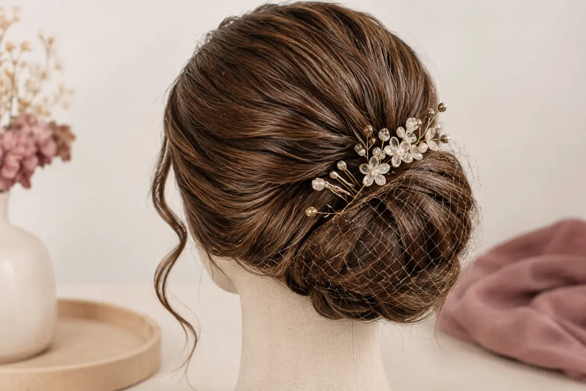 Chignon brun maintenu par des épingles, un filet fin et un ornement à peigne.
