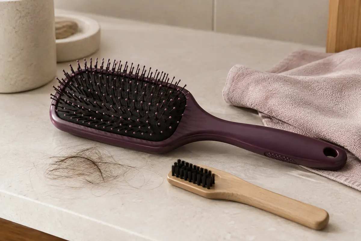 Brosse à cheveux à coussin posée près d’un chiffon et d’une petite brosse de nettoyage