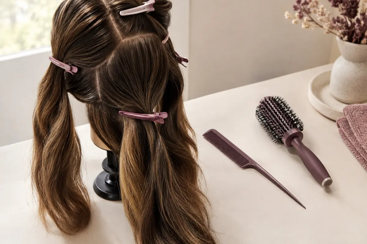 Chevelure divisée en sections avec des pinces de séparation, un peigne à queue et une brosse de brushing