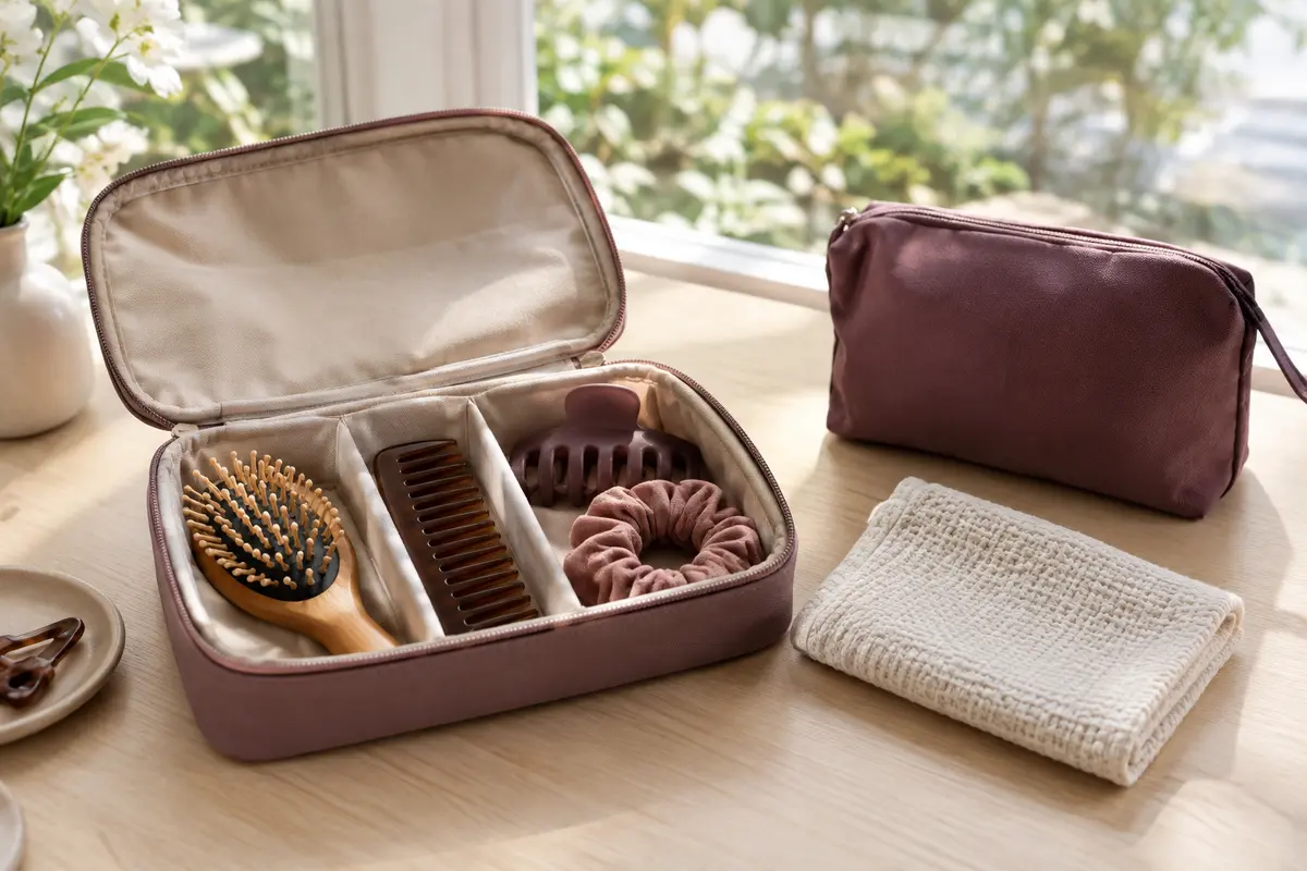 Trousse ouverte avec brosse, peigne, pince et chouchou rangés séparément après séchage