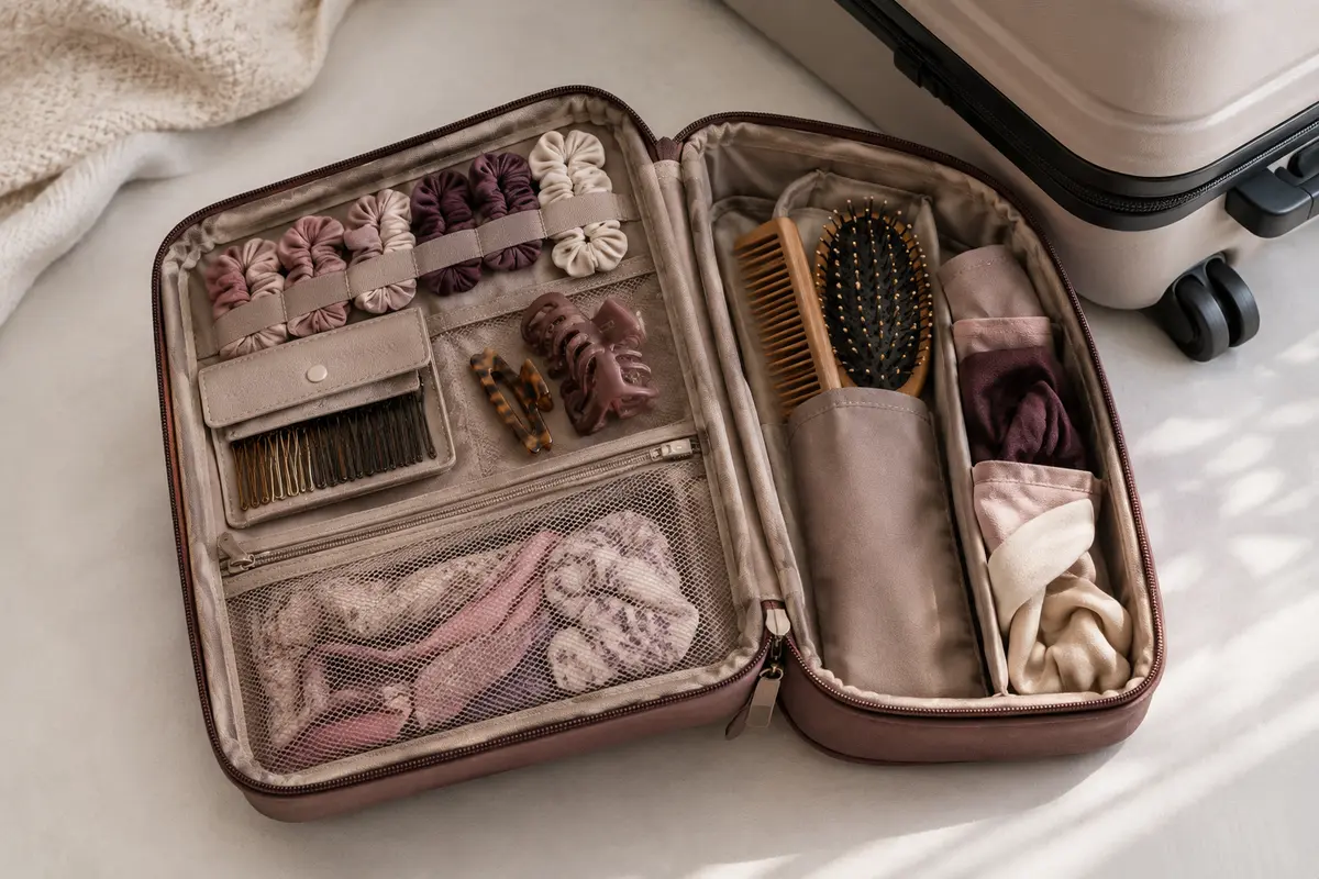 Trousse de voyage compartimentée avec épingles, attaches, peigne et brosse protégée