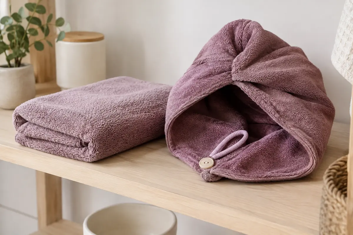 Serviette microfibre et turban pliés dans une salle de bain claire, avec leur texture et leur fermeture visibles.