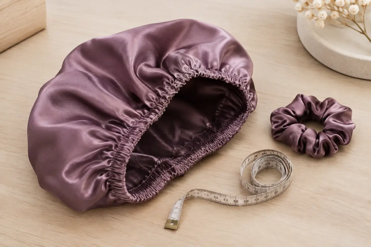 Bonnet en satin ouvert à côté d’un mètre ruban, pour illustrer le contrôle du tour et de la profondeur.