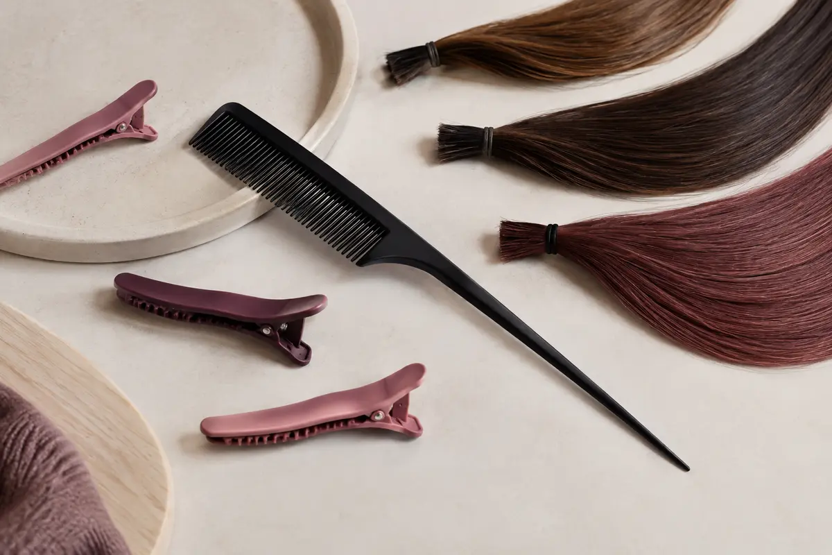 Peigne à queue et pinces près de mèches séparées pour préparer une coiffure
