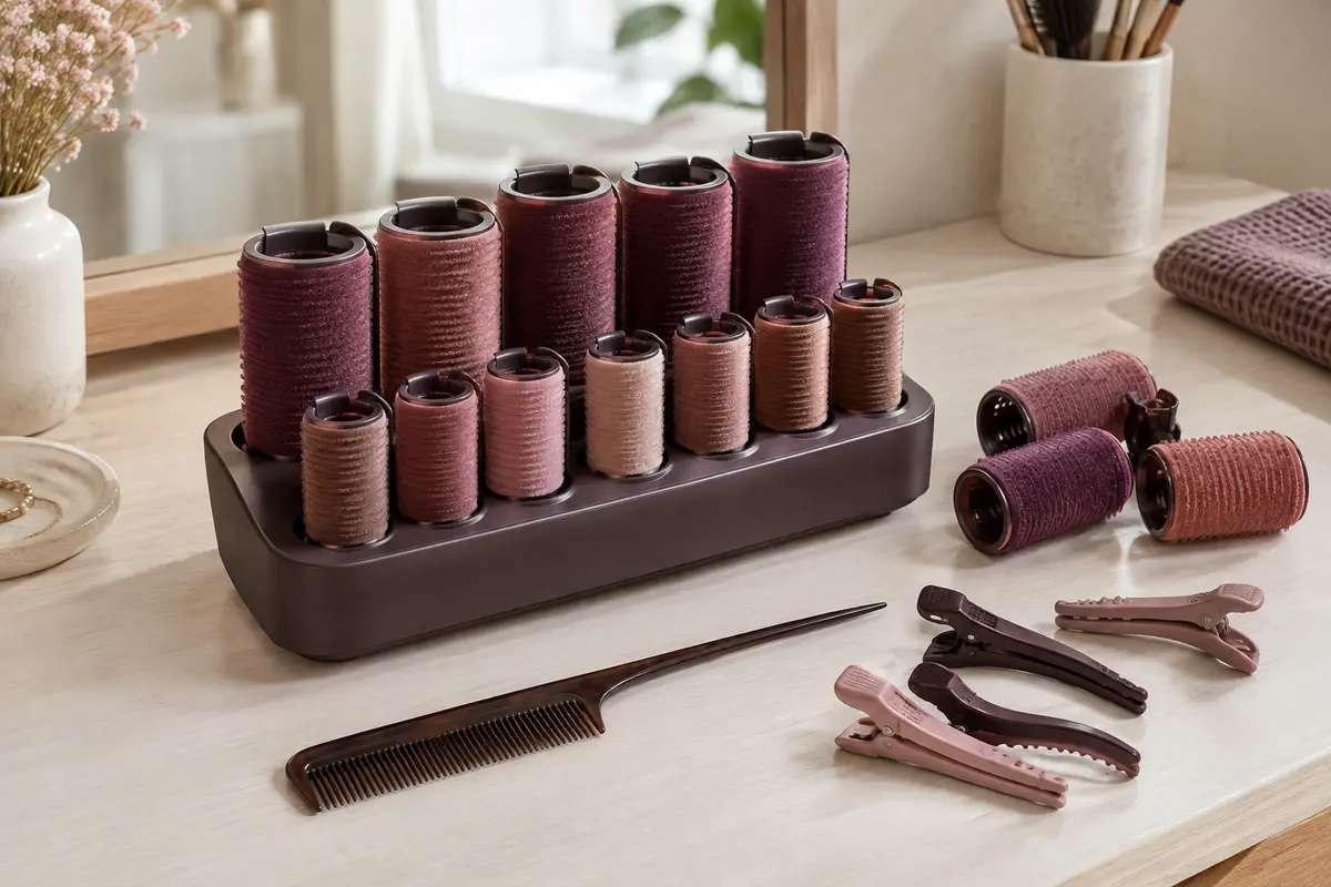 Rouleaux chauffants de plusieurs tailles avec un peigne à queue et des pinces de séparation sur une coiffeuse