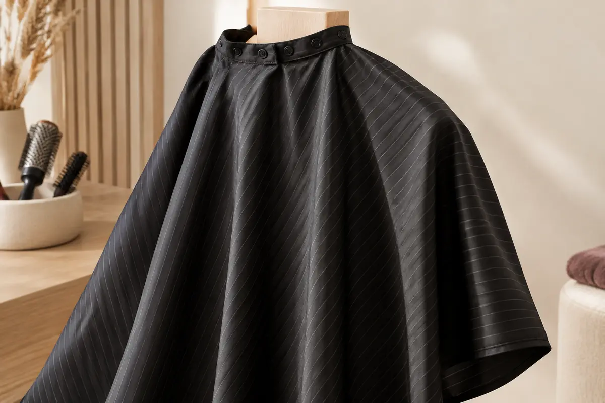Cape de coiffure noire à rayures, légère, présentée à plat sur un support en bois clair.