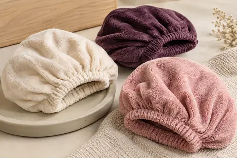 Trois bonnets-serviettes en microfibre douce posés sur un support en céramique mate.