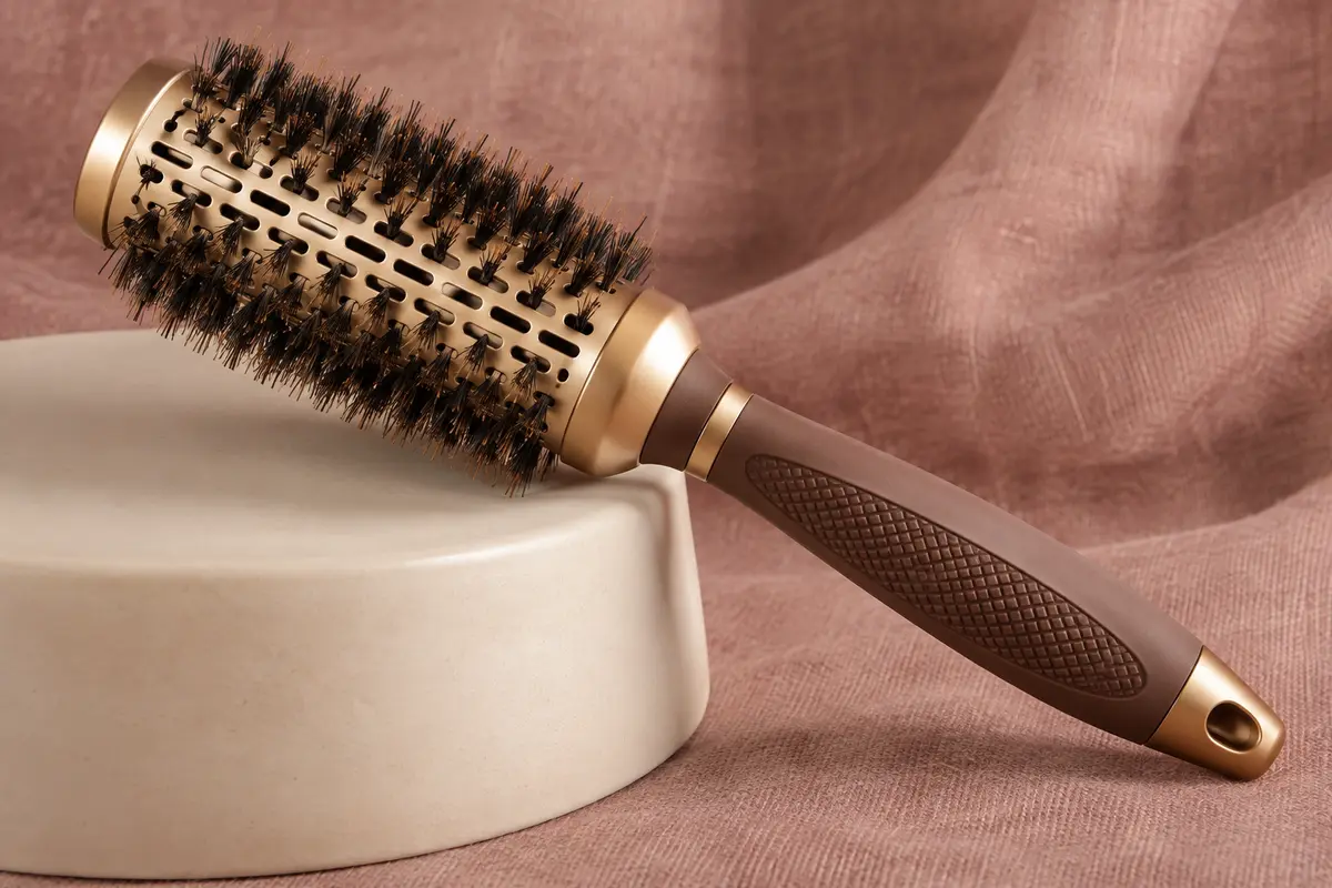 Brosse ronde de brushing Aimike or et marron, avec cylindre ventilé et poils de sanglier