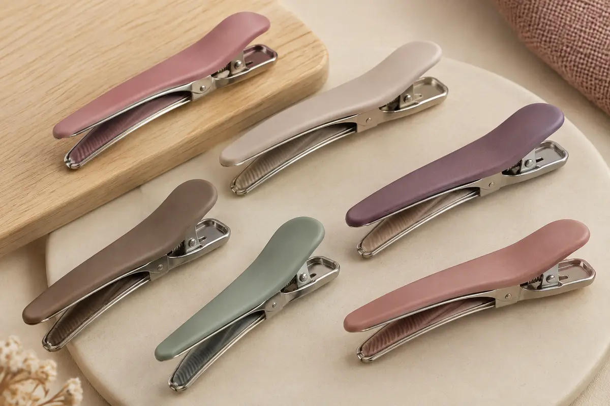 Six pinces de séparation multicolores à bande silicone disposées sur une surface en céramique mate.