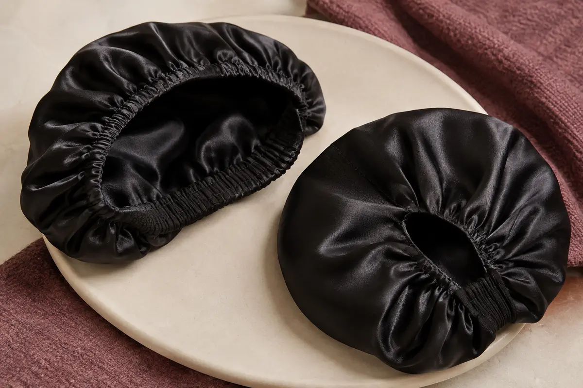 Deux bonnets de nuit noirs en satin posés sur une céramique mate, avec leur bande élastique visible.