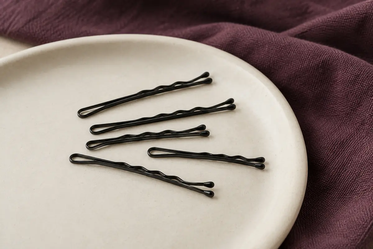 Mini épingles à cheveux noires en métal, ondulées et à embouts arrondis, disposées sur une céramique mate