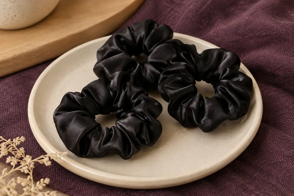 Lot de chouchous noirs en satin polyester disposés sur une céramique mate et un tissu prune