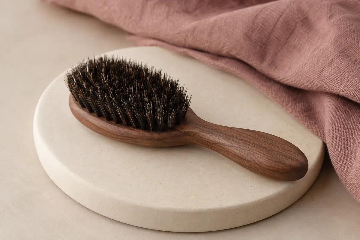Brosse compacte en poils de sanglier avec manche en noyer, posée sur un support en céramique mate