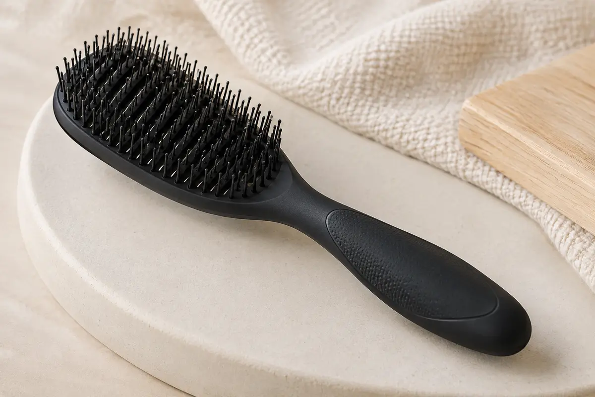 Brosse démêlante Bestool noire à tête flexible et soies séparées, posée sur un support en céramique mate.