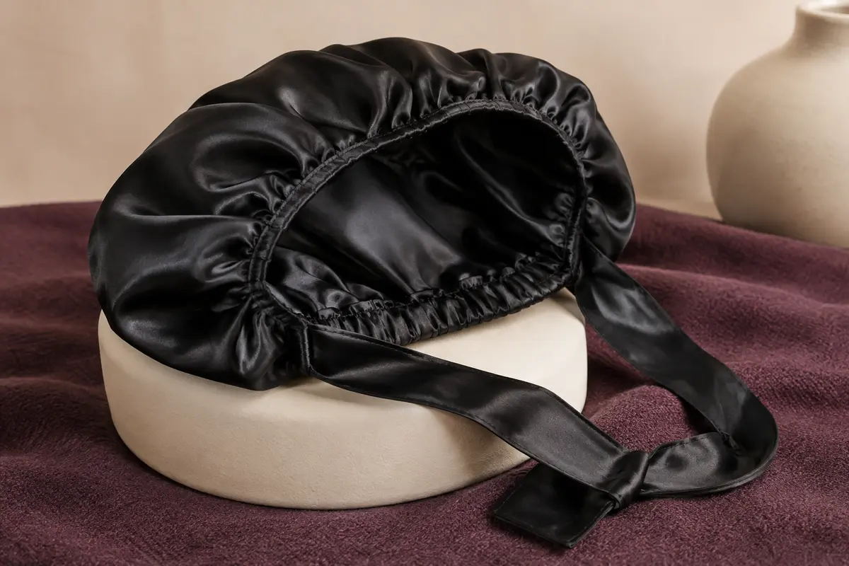Bonnet de nuit noir en satin doublé, avec long bandeau élastique ajustable, posé sur un support crème