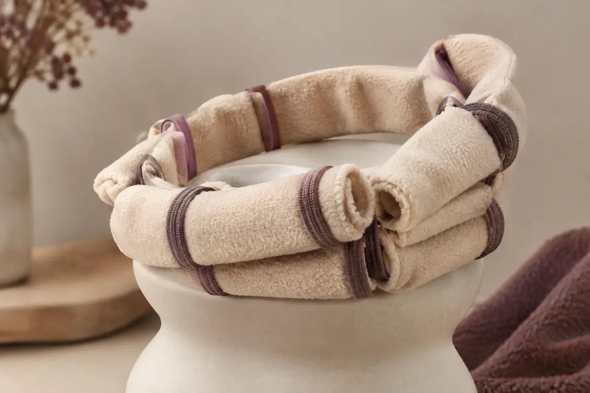 Bandeau beige de bigoudis sans chaleur en polaire douce, enroulé sur un support en céramique mate.