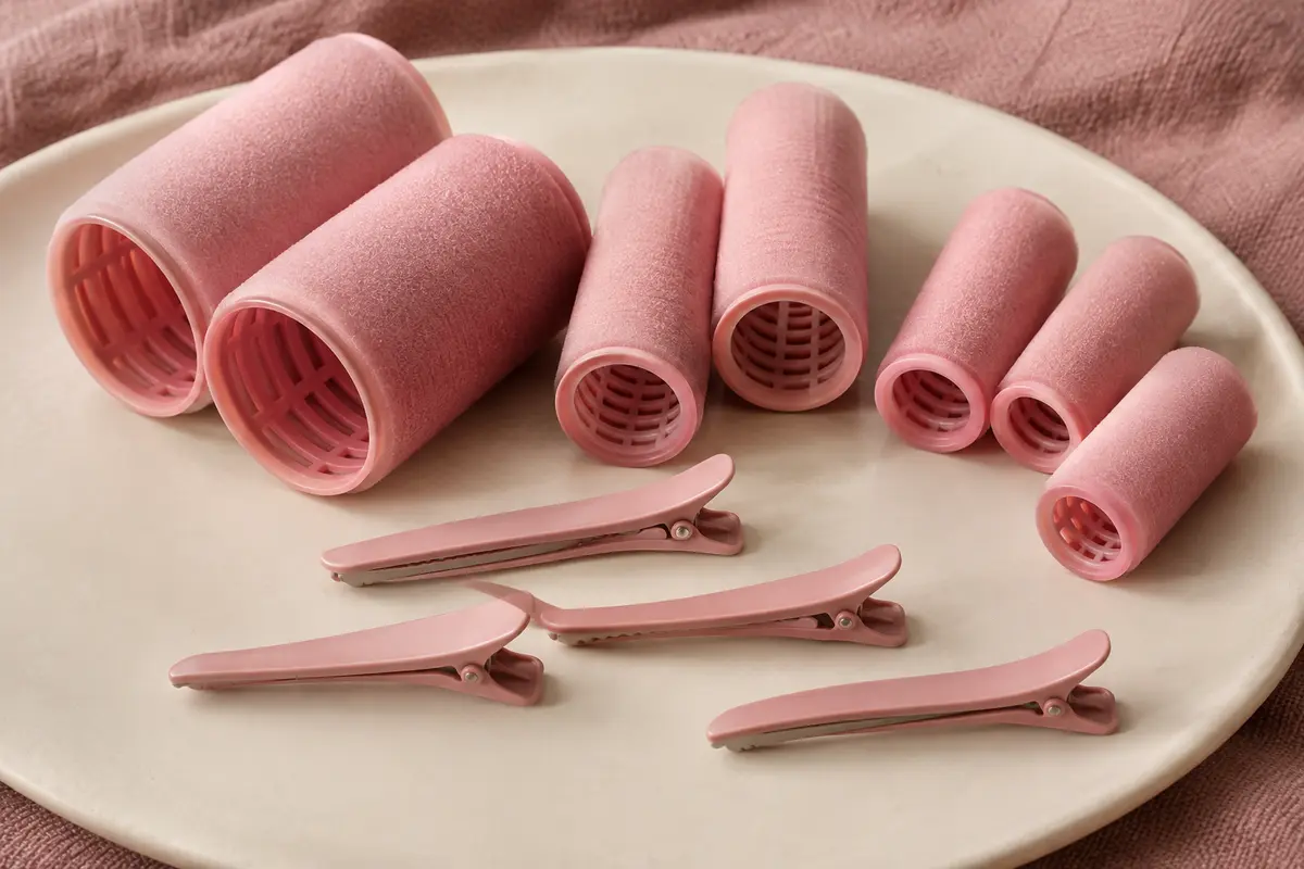 Bigoudis roses sans chaleur en trois diamètres avec des pinces, disposés sur un support en céramique mate.
