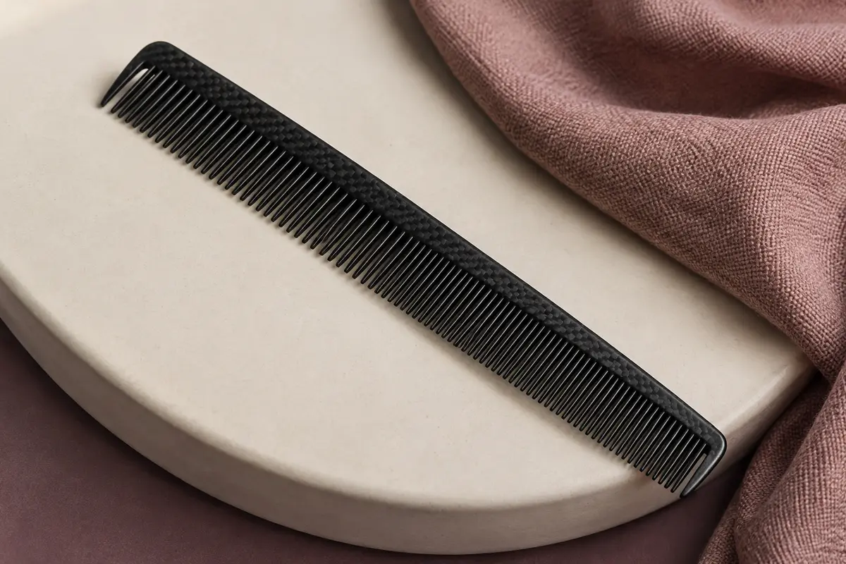 Peigne de coupe noir en polycarbonate et fibre de carbone posé sur un support en céramique mate.