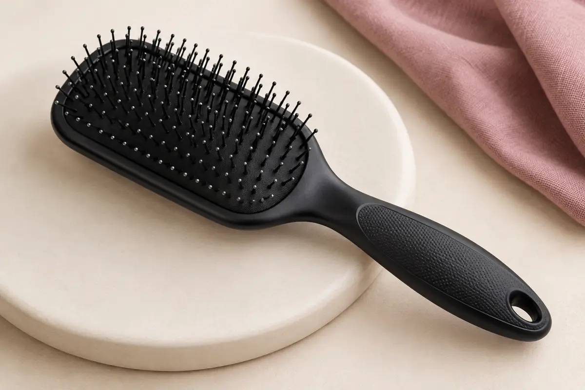 Brosse démêlante noire Denman D83 avec coussinet rembourré et picots nylon arrondis, posée sur un support crème.