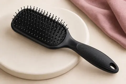 Brosse démêlante noire Denman D83 avec coussinet rembourré et picots nylon arrondis, posée sur un support crème.