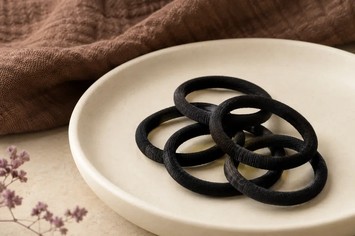 Élastiques circulaires noirs en coton disposés sur une céramique mate et un tissu brun texturé