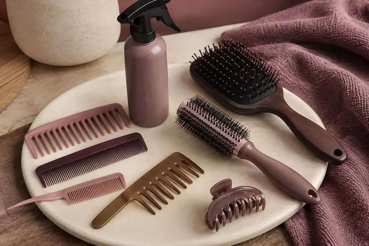 Kit Duaiu de barbier avec peignes variés, vaporisateur, brosses et pince disposés sur un support