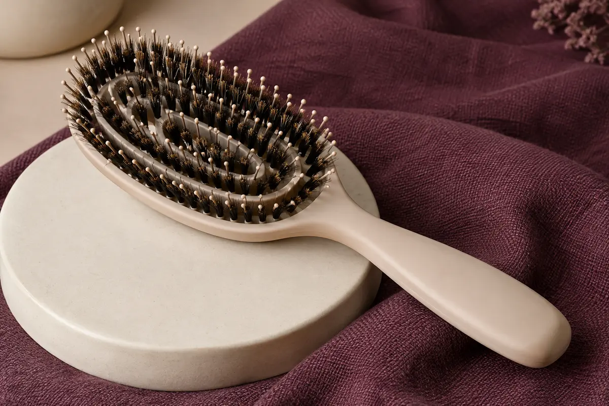 Brosse démêlante beige à double ressort spiralé, poils de sanglier et picots de massage