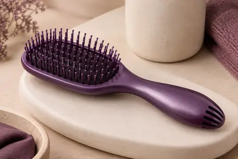 Brosse démêlante violette FHI Heat UNbrush à picots DuoFlex et base ventilée, posée sur un support clair.