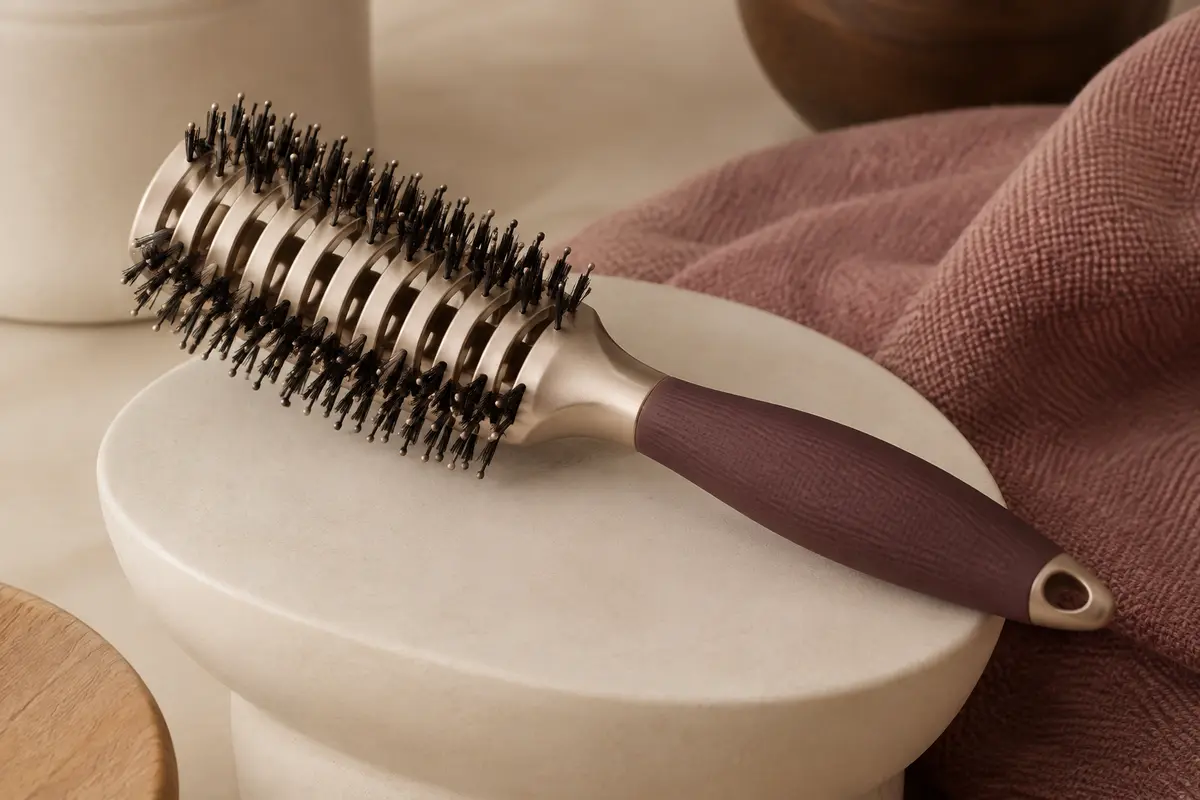 Brosse de brushing incurvée et ventilée Framar posée sur un support en céramique mate